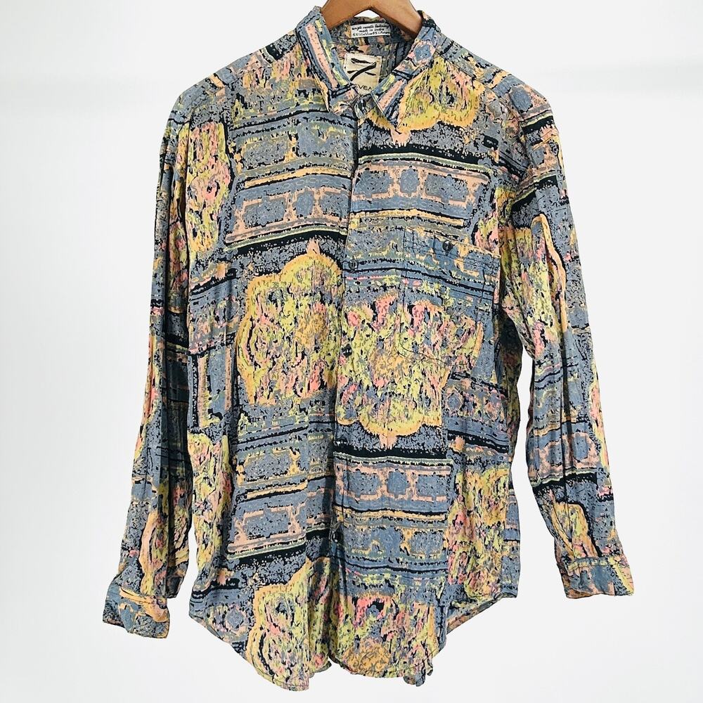 Vintage 90s Seven India Blue Yellow Abstract Boho Button Down Shirt
